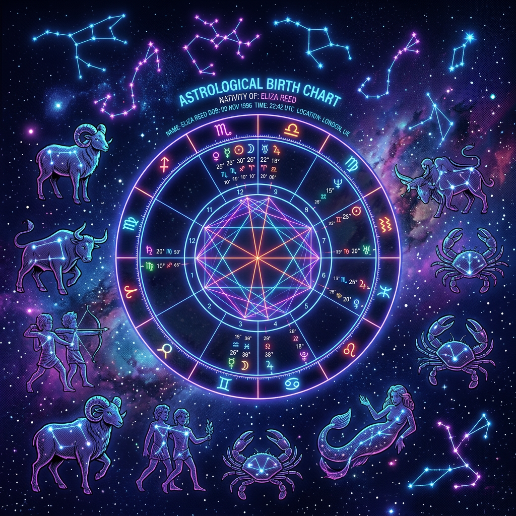 Woman analyzing glowing neon astrological birth chart in cyberpunk city street at night