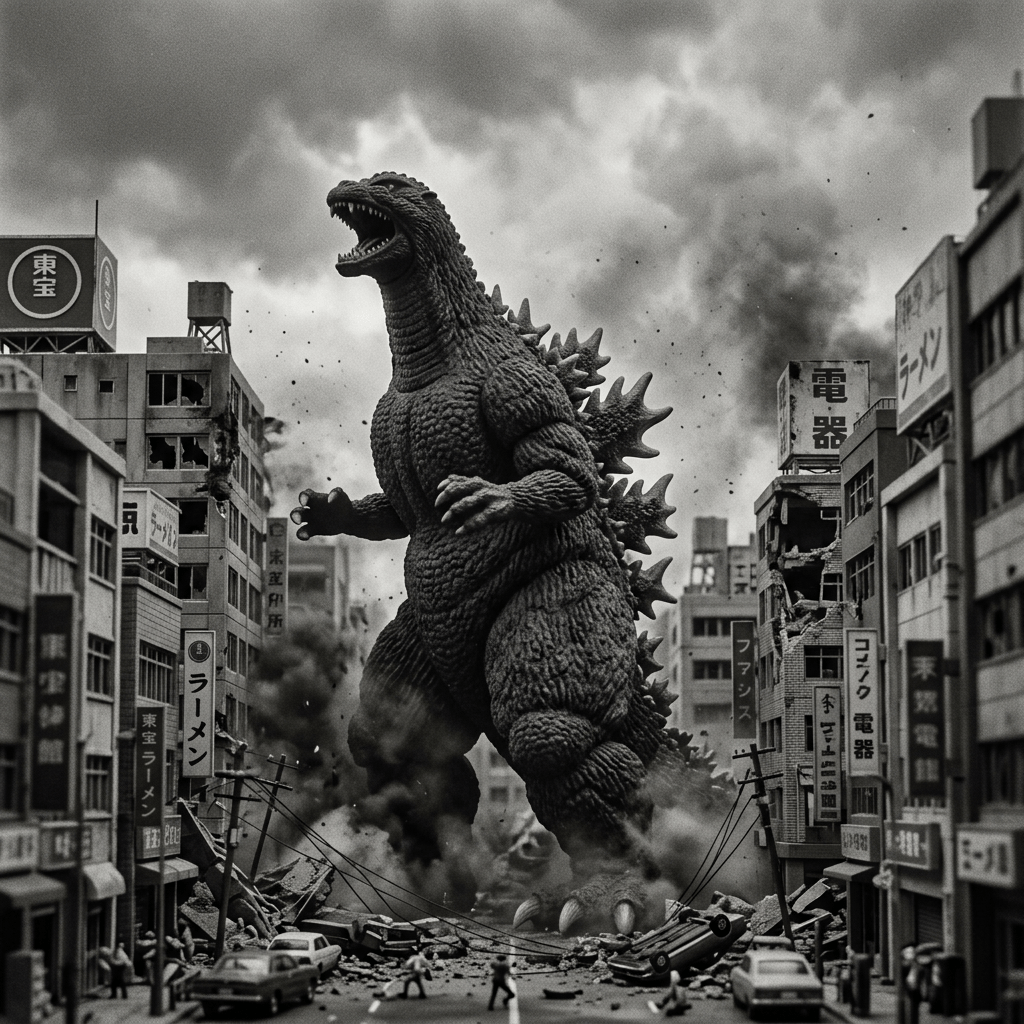 Giant Godzilla creature standing in city street with damaged buildings and rubble