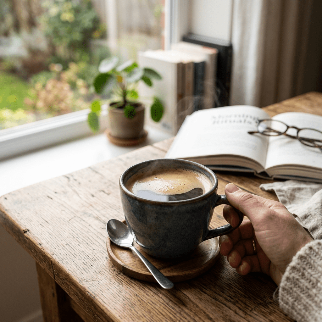 Hand holding a steaming cup of coffee on a wooden table next to an open book with glasses